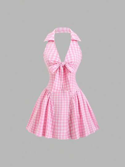 Sweetra 复古美式粉色格子V领蝴蝶结露背收腰短裙，适合野餐
