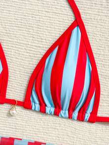 Swim Vcay 2025新款3件套女士随机印花三角比基尼上衣，网纱迷你裙，沙滩度假夏季比基尼套装 - 彩色 - 查看 3