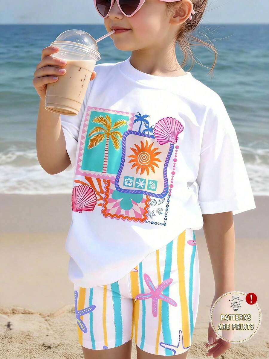 SHEIN Áo thun tay ngắn dáng rộng in hình cây cọ dành cho bé gái - trắng - Xem 1