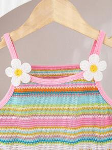 SHEIN Sparklyn Young Girls Multicolor Stripe Crochet Cami Shorts Romper Vacation Outfit - Multicolor - View 6
