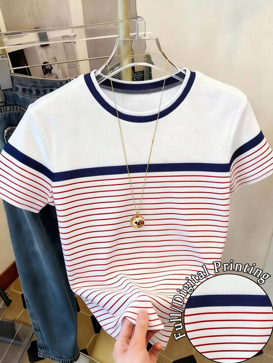 Resyla 大码女式圆领条纹拼接休闲日常短袖T恤 - 彩色 - 查看 1
