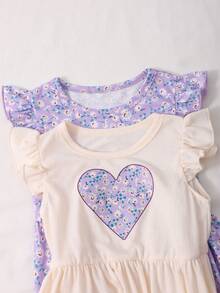 Genkimix Kids 2 piezas/paquete Vestidos con mangas de volantes con estampado de flores diminutas lilas para niña joven - Púrpura malva - Ver 1