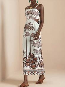 Vesra Apricot Coconut Tree Print Backless Tie Strap Dress For Women - Apricot - View 3