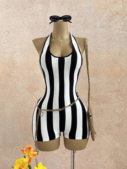 Elamini Women's Black & White Splice Sexy Fashion Versatile Halter Neck Vacation Beach Knit Jumpsuit