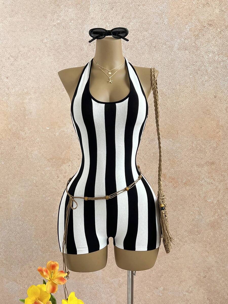 Elamini 女士黑白拼接性感时尚百搭露背度假沙滩针织连体裤 - 黑與白 - 查看 1