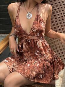 Sunnyshic Đầm nữ phong cách thường ngày, họa tiết paisley retro, hở lưng, dây buộc, cổ nơ, thích hợp cho kỳ nghỉ và đi chơi, mùa xuân/hè. - Màu Cam cháy - Xem 4