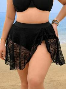 Swim Lushoire 2026 New Arrival Plus Size Women's Solid Color One-Piece Swimwear, Black, Fashionable Vacation Daily Casual Tummy Control High Waist Bottom - Black - View 3