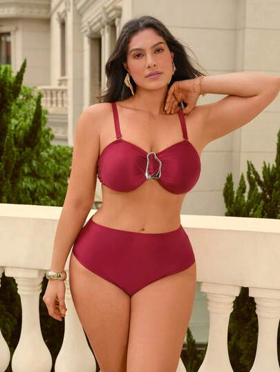 Swim Chiccia Bộ bikini cỡ lớn sang trọng màu đỏ tía kiểu Pháp mới năm 2026 | Khóa kim loại chính giữa phía trước nâng đỡ và định hình vòng một | Áo ngực không thể tháo rời, chắc chắn và không bị xê dịch | Cạp cao giúp thon gọn vòng một | Bộ đồ bơi hai mảnh