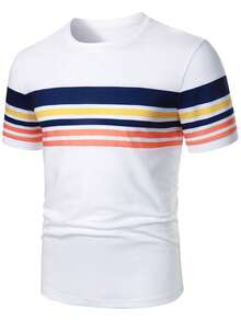 Manfinity Homme Men's Casual Patchwork Color Round Neck Short Sleeve T-Shirt, Versatile For Daily Wear - Multicolor - View 3