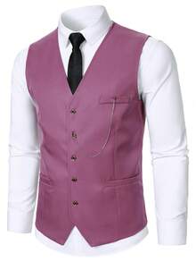 Manfinity Mode Men's Front Button Waistcoat And Pants Business Suit Set, Formal - Hot Pink - View 6