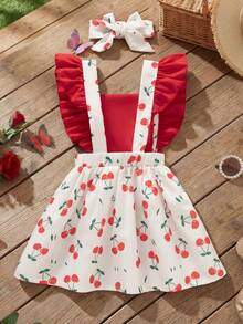 SHEIN Playful Pals 1件女婴夏季新款红色露肩荷叶边樱桃印花面料二合一吊带连衣裙，可爱迷人休闲日常百搭连衣裙 - 紅色 - 查看 2