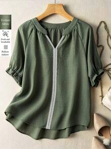 Franclia Women's Army Green Summer Boho Casual Vacation Shirts,Lace-Trimmed V-Neck Short-Sleeved Tops,Loose Textured Blouse,Elegant Commuter Ladies Clothes - Green - View 3