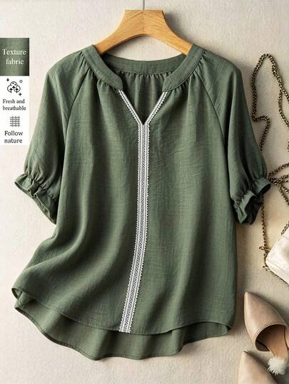 Franclia Stylish And Versatile Summer Tops, Summer Outfits, Women's Shirts, Casual Commuter Shirts, Short-Sleeved Shirts, Lace-Trimmed Shirts, V-Neck Shirts, Casual Women's Tops, Loose H-Line Shirts, Textured Shirts, Vacation Shirts, Green Shirts, Lace-Trimmed Shirts, Vacation-Style Tops, Elegant Women's Tops, Suitable For Going Out. Clothes Ladies Clothes Woman Dress Discount