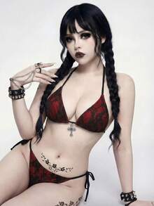 ROMWE 2026SS New Women's Red Floral Summer Goth Beach Party Swimwear Set,Elegant Vintage Black Lace & Red Gothic Bikini With Cross Charm,Bathing Suit - Multicolor - View 3