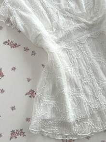 Elamini Áo thun crop top trắng tay ngắn cổ chữ V phối ren tương phản, thời trang, đa năng dành cho nữ mùa hè. - trắng - Xem 5