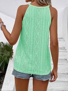 EMERY ROSE Mint Green Summer Casual Elegant Vacation Solid Color Textured Knitted Halter Top For Women,Cute Ladies Textured Summer Tank Tops - Green - View 2