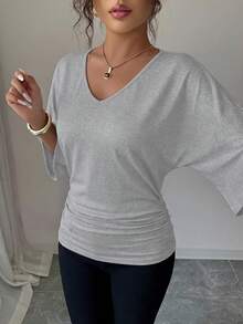 Elenzga Áo thun nữ tay ngắn cổ chữ V trơn, kiểu dáng thường ngày, đa năng. - Xám - Xem 6