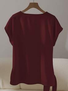 Franclia Blus Elegan Lengan Pendek Leher Bulat dengan Hiasan Ruffle dan Pita, Warna Khaki, Musim Semi/Panas untuk Wanita - Burgundy - View 2