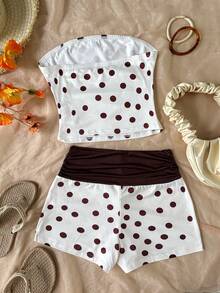 Bộ đồ 2 món dành cho thiếu nữ đi nghỉ mát: Áo quây xếp ly dệt kim jacquard màu đỏ trắng tương phản và quần short cạp thấp. - Màu Khaki - Xem 2