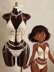 Bộ bikini 2 mảnh mùa hè dành cho nữ, chất liệu vải lưới, kiểu dáng thường ngày, buộc dây cổ. - Màu be - Xem 1