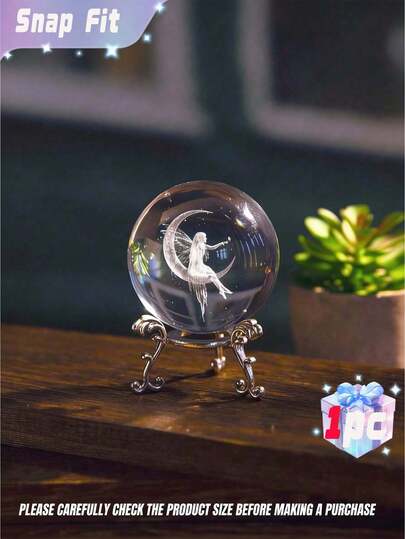 SHEIN 1pc Moon Fairy Crystal Ball With Stand, 3D Laser Engraved Fairy Moon R1Statue, Home Decor Crafts,Christmas Decor,Home Decor,PartyDecorthanksgiving Gift