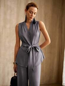 MOTF PREMIUM SPRING & SUMMER COMMUTING FASHIONABLE VINTAGE LACE-UP V-NECK SLEEVELESS VEST SUIT WITH WIDE-LEG PANTS, 2-PIECES SET FOR WOMEN - Grey - View 2