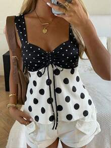 CovetEZ Áo hai dây nữ kiểu dáng casual, họa tiết chấm bi đen trắng tương phản, có dây rút, thích hợp cho các buổi đi chơi, kỳ nghỉ, áo hè dễ thương, đi làm hàng ngày, hẹn hò, dự tiệc, mùa thu/đông, Giáng sinh, Năm mới, Lễ Tạ ơn, tiệc tùng, đám cưới, bãi biển, lễ tốt nghiệp, thời trang, thanh lịch, thường ngày, đi chơi, hẹn hò, cuộc hẹn, đi làm, sáng bóng, Ngày Valentine, sang trọng, kỳ nghỉ, thường ngày, Y2K, đi chơi, lễ tốt nghiệp, v.v. - Nhiều màu - Xem 1