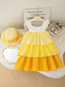 Elladie kids Đầm mùa hè dáng suông mới cho bé gái, màu tím, thiết kế không tay phối màu, tay bồng, xếp tầng, trang trí nơ, mũ xô dễ thương có dây buộc, bộ đầm nghỉ mát thời trang kèm mũ. - Màu vàng - Xem 2