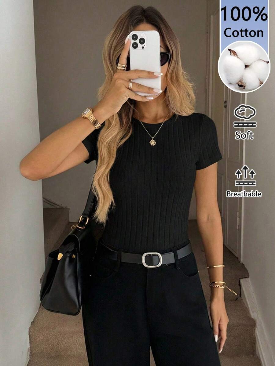 Easowa Áo thun nữ cổ tròn ôm dáng, chất liệu cotton gân, kiểu dáng thường ngày, thanh lịch, thoải mái cho kỳ nghỉ. - trắng - Xem 1