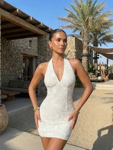 Firerie Women's Spring/Summer New Ivory Knit Embroidered Romantic V-Neck Textured Backless Halter Mini Dress, Elegant Date Night Outfit,Summer Dresses For Women - Beige - View 8