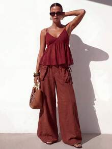 Zivah 2026 Vacation Casual Distinctive Tie Pocket Super Loose Deep Red-Brown Pants Working Pants For Women Wrap Around Pants Women S Work Clothes For The Office Women S Tall Trousers - Rust Brown - View 4