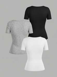 SHEIN EZwear 3件組女款深V領緊身休閒短袖基礎內搭長袖T恤套裝，春夏上衣，日常校園穿搭，黑色灰色白色 - 彩色 - 查看 2
