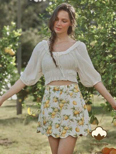 WESTFADE Lemon Printed 100% Cotton Denim Scalloped Button Front Fitted Mini Skirt Spring, Summer, Resort Wear, Casual, Coastal Cowgirl, Boho, Farmers Market, Vacation, Beach, Festival, Western Wear