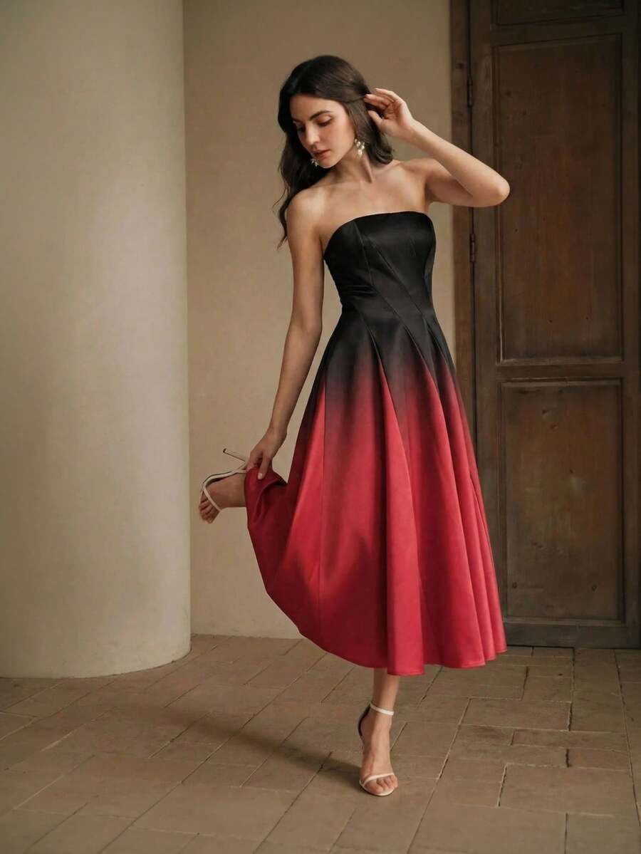 Elegant Fashion New Gradient Strapless Dress, Waist-Cinching Slimming Party Dress, Black Dress, Suitable For Summer Outfits, Parties, Dates, And Vacations - Red - View 1