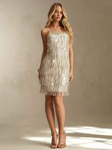 Glamine 女士优雅华丽流苏亮片露背拉链修身短款夜店派对吊带裙/夜店连衣裙 - 杏色 - 查看 3