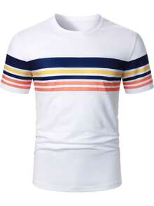 Manfinity Homme Men's Casual Patchwork Color Round Neck Short Sleeve T-Shirt, Versatile For Daily Wear - Multicolor - View 4