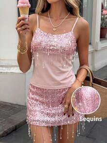 Serisse Falda de fiesta de unicolor con flecos y lentejuelas para mujer - Rosa - Ver 1