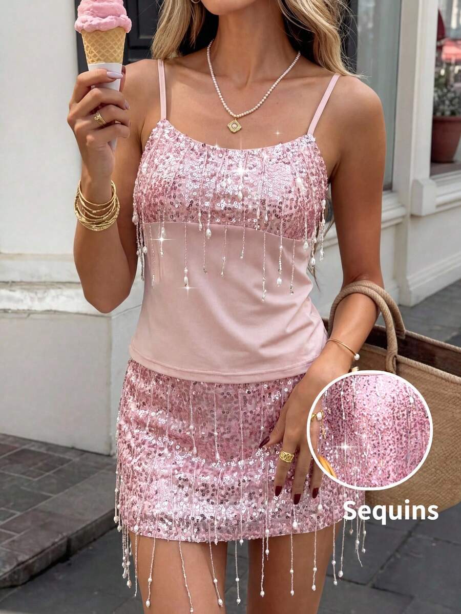 Serisse Falda de fiesta de unicolor con flecos y lentejuelas para mujer - Rosa - Ver 1