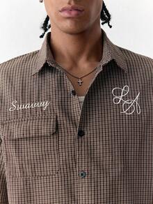 SWAVVY Men's Casual Plaid Letter Embroidery Short Sleeve Shirt, Summer - Brown - View 8
