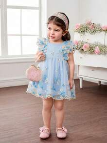 SHEIN Babygirl Cute Summer Elegant Floral Embroidery Mesh Ruffle Hem Dress - Blue - View 5