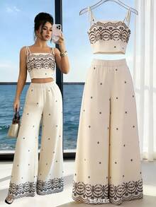 GlowEve 女士杏色底棕色仿刺绣蝴蝶印花系带抹胸上衣和高腰阔腿裤套装，休闲度假风优雅浪漫两件套 - 杏色 - 查看 8