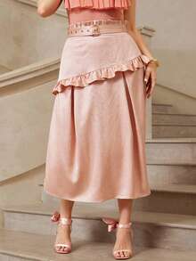VOLUPTÉ CURVE Plus Size Summer Pink High Waist Textured Paneled A Line Ruffle Blush Tea Fabric Long Elegant Formal Skirt For Graduation Vacation Party - Baby Pink - View 5