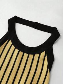 Franclia 女士条纹吊带优雅束腰针织连衣裙，适合派对和旅行穿着。 - 鵝黃色 - 查看 8