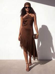 Zivah Chocolate Brown Summer Seductive Party Night Spaghetti Strap Sleeveless Camisole Asymmetric Hem Long Lace Satin Shiny Backless Wrap Dresses For Women - Brown - View 3