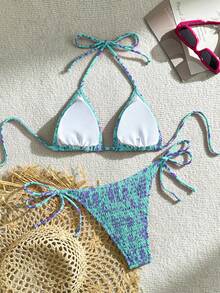 Swim Vcay Women's Summer Beach Contrast Color Halter Tie Sexy Bikini And Triangle Panty Swimwear Set - Multicolor - View 2