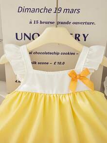 Elladie kids Đầm mùa hè dáng suông mới cho bé gái, màu tím, thiết kế không tay phối màu, tay bồng, xếp tầng, trang trí nơ, mũ xô dễ thương có dây buộc, bộ đầm nghỉ mát thời trang kèm mũ. - Màu vàng - Xem 8