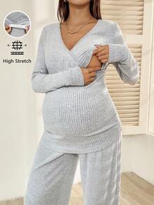 Bộ 2 áo thun dài tay trơn có gân cho bà bầu và quần cạp chun điều chỉnh thường ngày - Xám - Xem 3