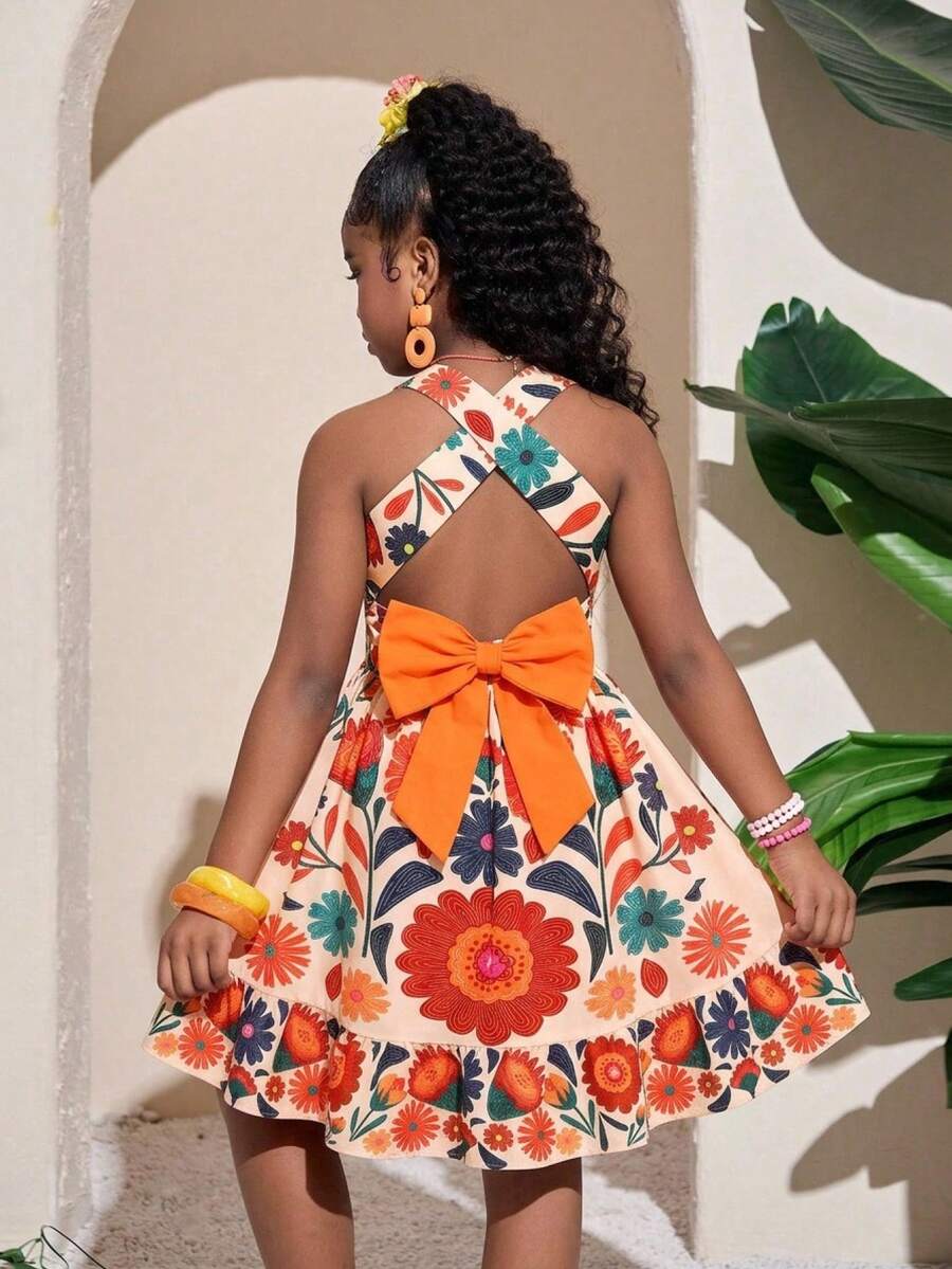 SHEIN Tween Girls Woven Tropical Plant Print Back Cross Bow Decor Shirred Waist Dress Tween Girl - Multicolor - View 1