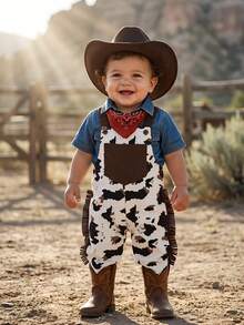 SHEIN 两件套幼儿男童西部牛仔休闲百搭可爱西部牧场图案印花口袋连体裤，饰有流苏，搭配红色头巾和无遮阳西部牛仔帽 - 杏色 - 查看 5
