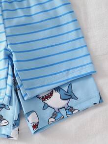 4件套男童海军蓝白卡通鲨鱼条纹短袖睡衣套装 - 淺藍色 - 查看 6